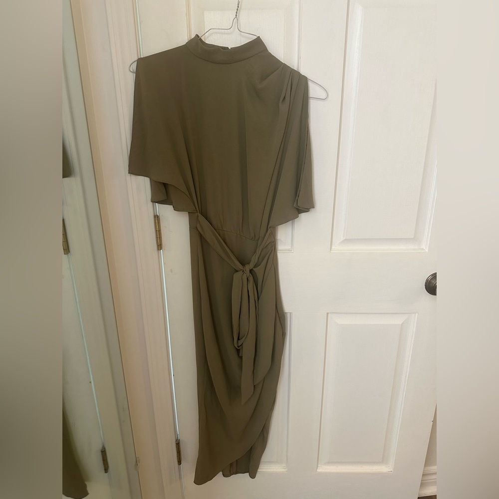 ASOS cap sleeve midi wrap front dress, olive, size 0